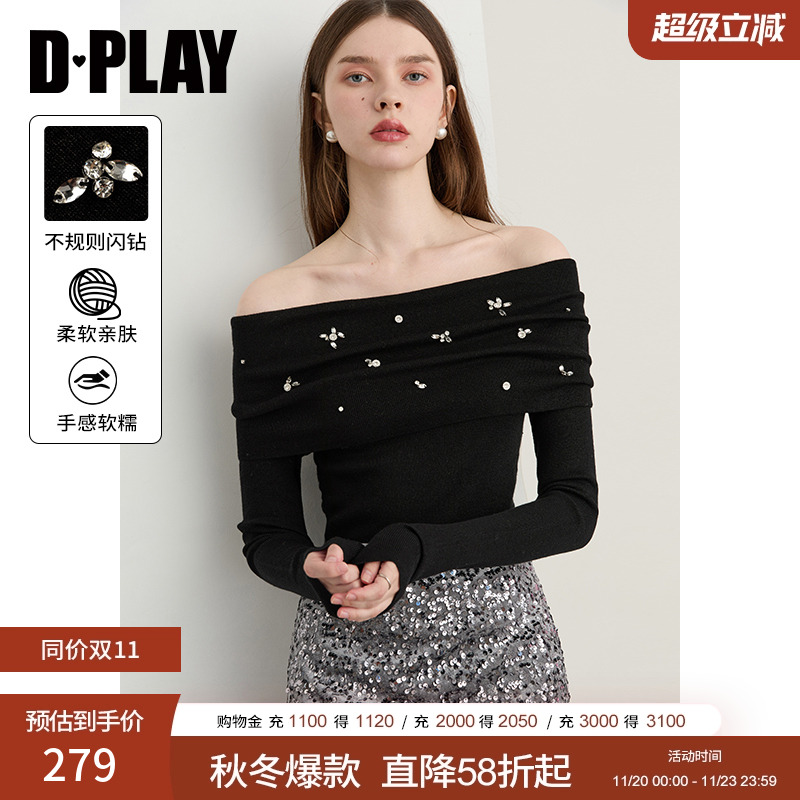 DPLAY【轻奢闪钻系列】2025秋季新款黑色针织衫女露肩含羊毛上衣