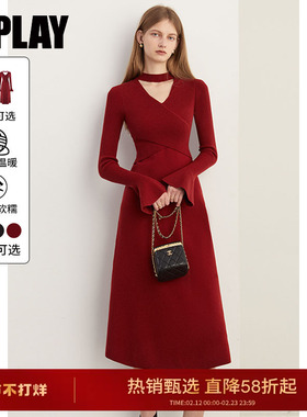 DPLAY气质复古红色连衣裙女法式订婚长款针织毛衣裙2026年春