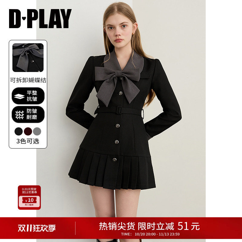 DPLAY2026年冬季新款黑色连衣裙女独特蝴蝶结收腰短款裙子短裙