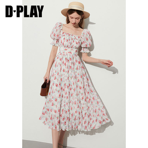 DPLAY夏新度假粉色连衣裙女玫瑰园印花裙方领泡泡袖海边沙滩裙