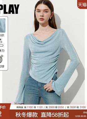 DPLAY2026年春季新款蓝色t恤女法式修身荡领气质上衣长袖