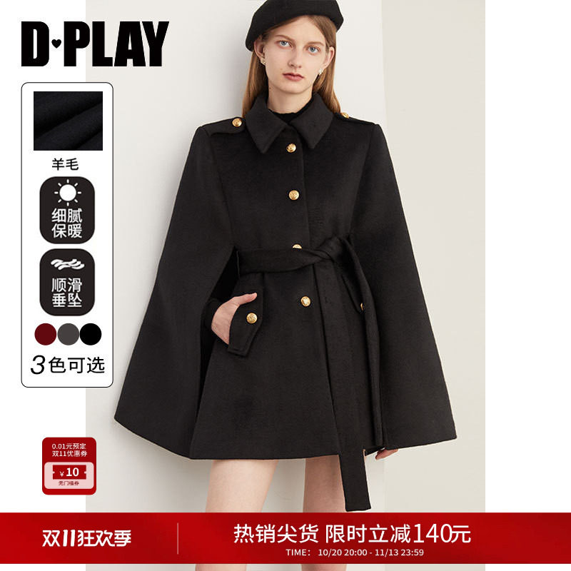 DPLAY黑色斗篷大衣英伦风毛呢外套小个子短款女士披风式呢子外套