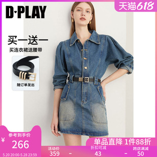 DPLAY初春复古牛仔连衣裙女工装 小个子短裙 牛仔裙A字牛仔长袖