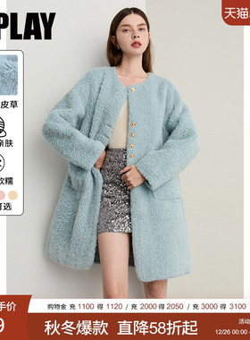 DPLAY2025年冬季新款蓝色圆领长款仿皮草外套保暖气质女毛外套