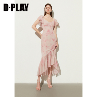 气质度假粉色连衣裙女荷叶边海边沙滩裙雪纺长裙 DPLAY夏季