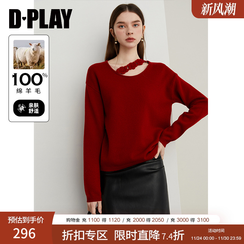 DPLAY圆领领口钩花毛衣