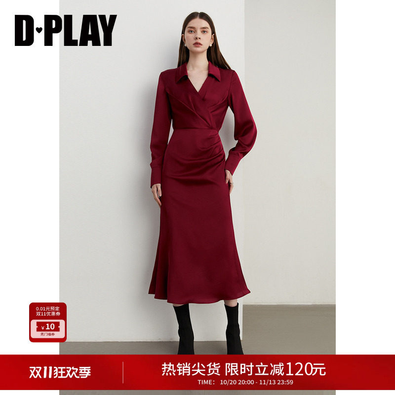DPLAY秋季法式复古缎面红色V领千金风连衣裙鱼尾裙长裙女