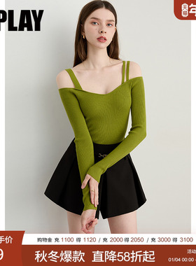 DPLAY2026年春季新款绿色针织衫女收腰修身打底衫露肩吊带上衣