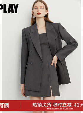DPLAY新款简约气质ol风经典戗驳领双排喷漆扣花灰色西装外套