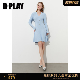 新款 2025年春季 蓝色连衣裙女修身 短款 DPLAY 针织裙子长袖 黑标