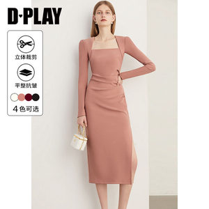 DPLAY秋季气质法式橘色方领侧开衩长袖长款连衣裙长裙女裙子