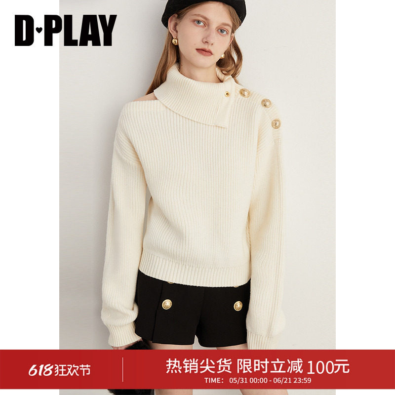 DPLAY秋季白色翻领金属扣针织衫慵懒风气质套头毛衣女上衣