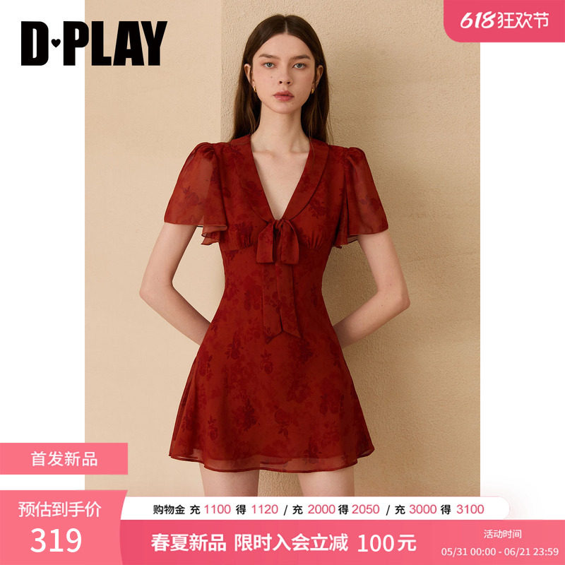 DPLAY【度假系列】翻领红色印花飞飞袖雪纺连衣裙2026年夏季新款