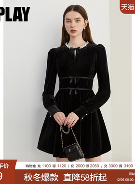 DPLAY2025秋季黑色珍珠领丝绒连衣裙气质短款蝴蝶结礼服小黑裙