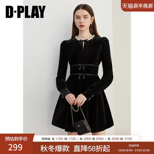 DPLAY2025秋季 蝴蝶结礼服小黑裙 黑色珍珠领丝绒连衣裙气质短款