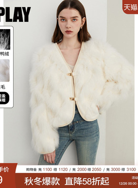 DPLAY2025冬季新款白色狐狸毛皮草外套内含羽绒短款外套女