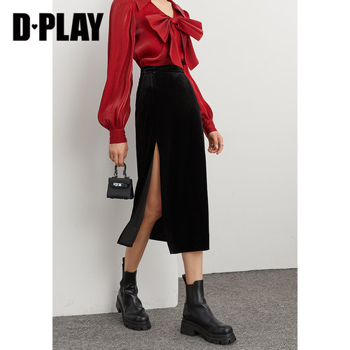 高开叉丝绒半身裙DPLAY