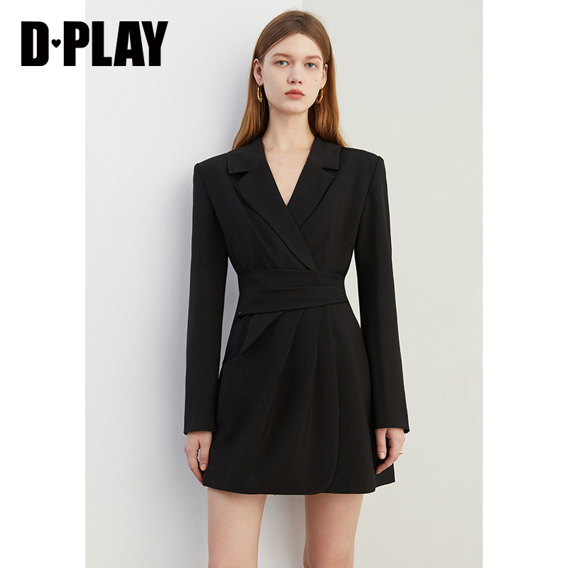 DPLAY秋季新款气质黑色连衣裙女西装裙子复古流行小黑裙长袖