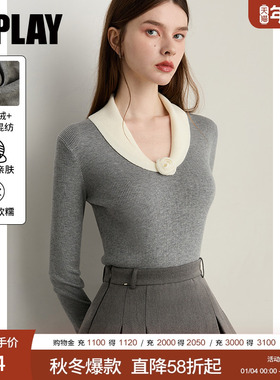 DPLAY含羊绒灰色针织衫翻领拼接撞色上衣女修身打底衫花朵毛衣