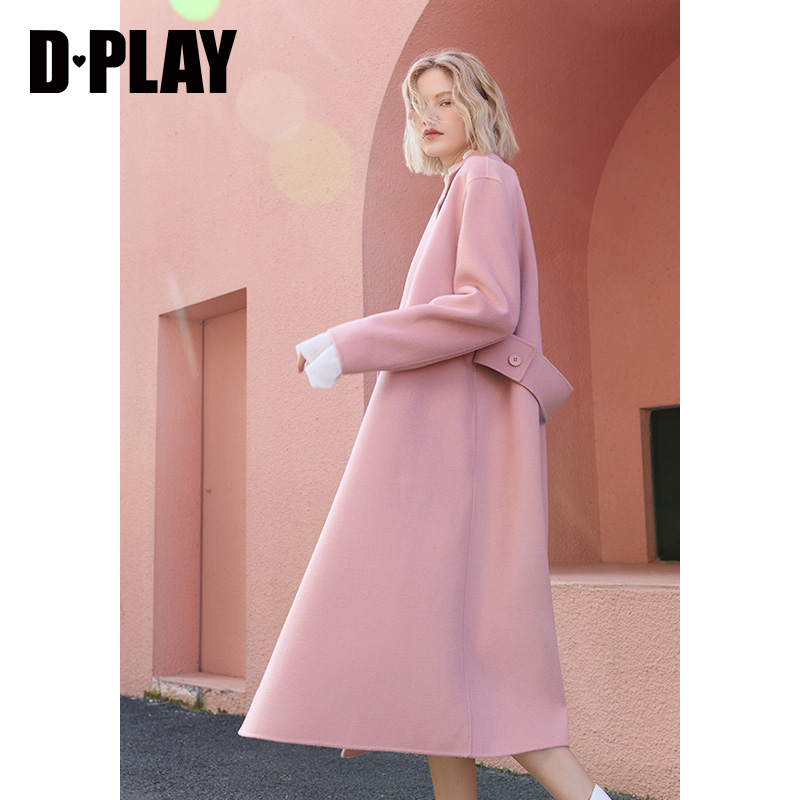dplay2022春新新款甜美减龄灰橘粉色宽腰带双面呢大衣翻驳领外套