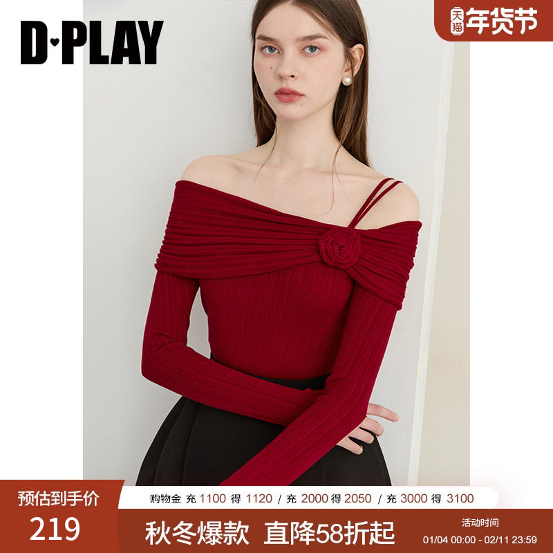 DPLAY2025年秋季新款红色针织衫女一字肩修身打底衫气质长袖上衣,女装/女士精品,毛针织衫,淘宝优惠券,粉丝福利购,淘宝优惠卷