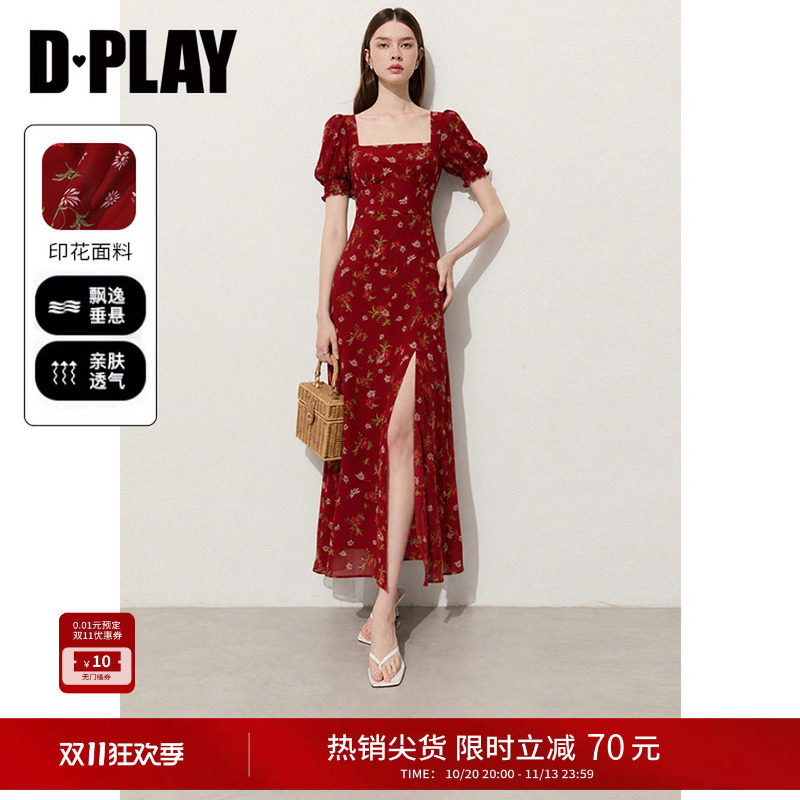 DPLAY2026年夏季红色连衣裙女方领碎花裙雪纺印花短袖连衣裙