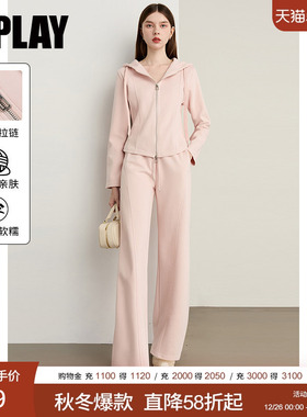 DPLAY2025年冬季新款粉色套装女抽绳连帽休闲上衣裤子二件套