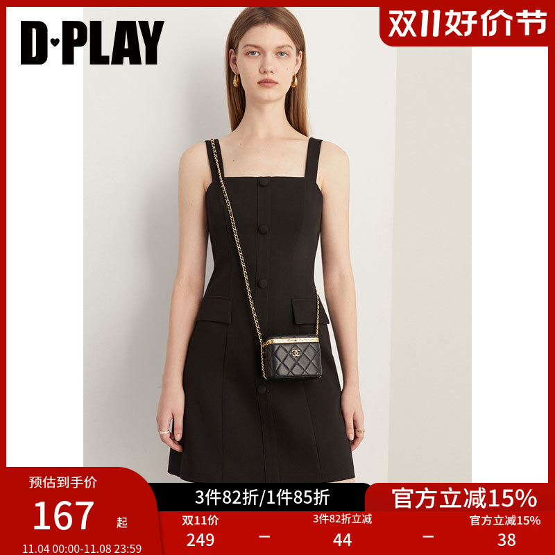 DPLAY2023秋通勤OL风气质方领单排扣A字吊带西装连衣裙小黑裙