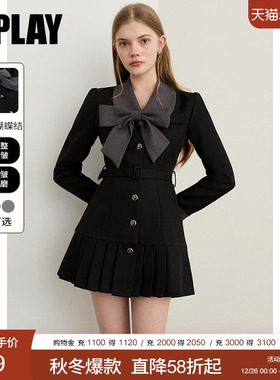 DPLAY2025年秋季新款黑色连衣裙女独特蝴蝶结收腰短款裙子短裙