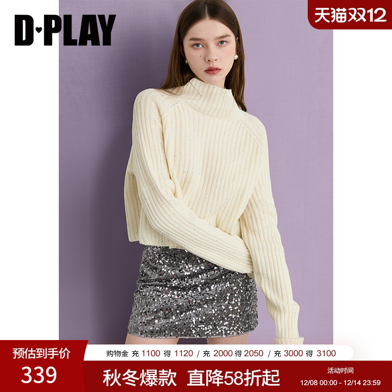 DPLAY2025年冬季新款白色高领羊毛衫时尚气质女士毛衣女针织衫