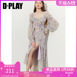 碎花裙长裙女 DPLAY2024年夏紫色连衣裙海边度假裙雪纺连衣裙法式