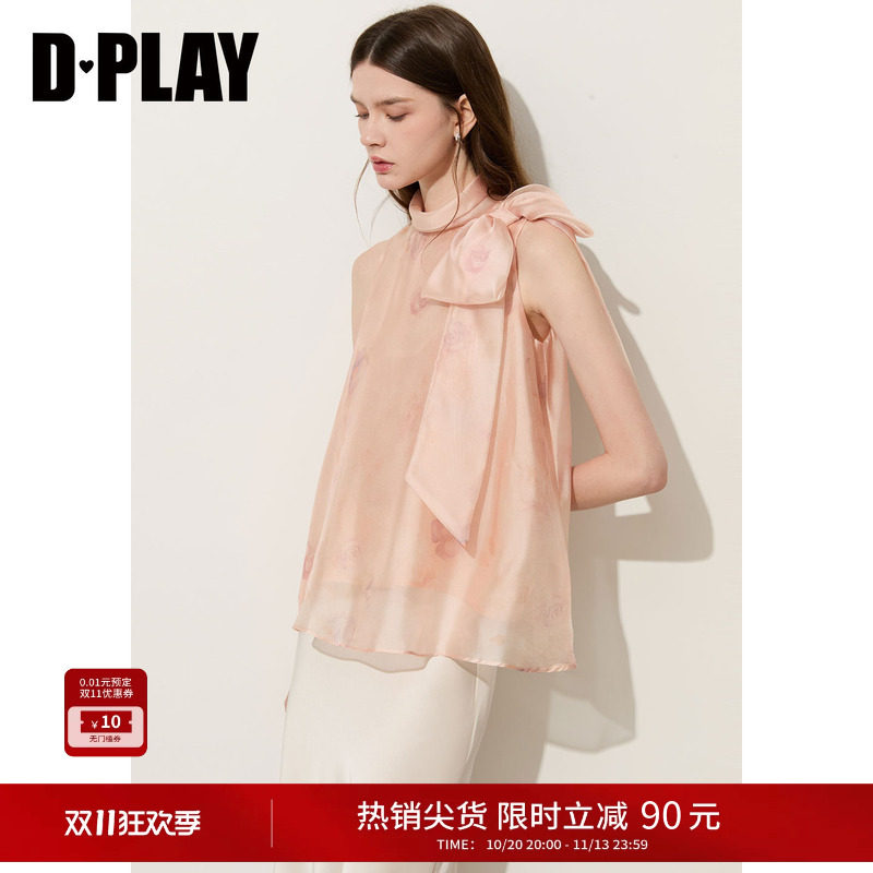 DPLAY粉色印花蝴蝶结无袖雪纺衫娃娃衫甜美女上衣2026年夏季新品