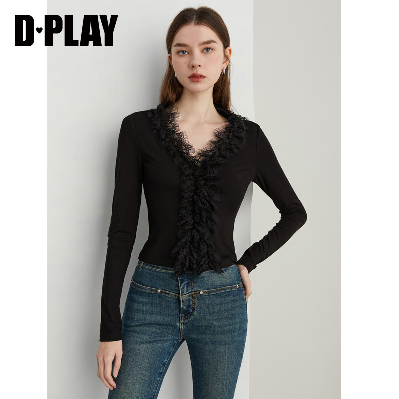 DPLAY秋季新款黑色T恤女流行洋气内搭打底衫长袖时尚修身小衫