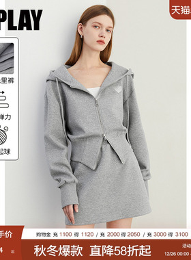 DPLAY2025秋季新款灰色套装女时尚休闲气质短裙运动卫衣半身裙