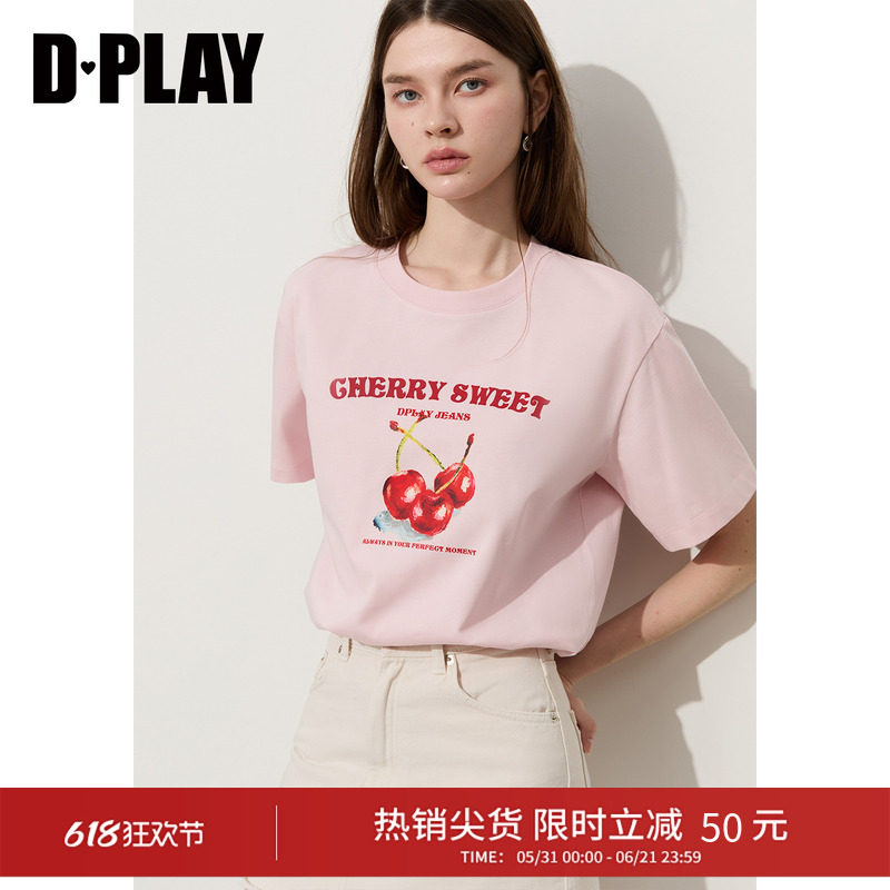 DPLAY【时髦云T系列】粉色T恤女樱桃印花甜妹风上衣2026年夏季