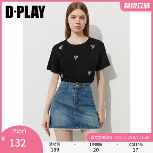 DPLAY2025年夏季 新款 黑色t恤女正肩宽松时尚 闪钻圆领上衣短袖