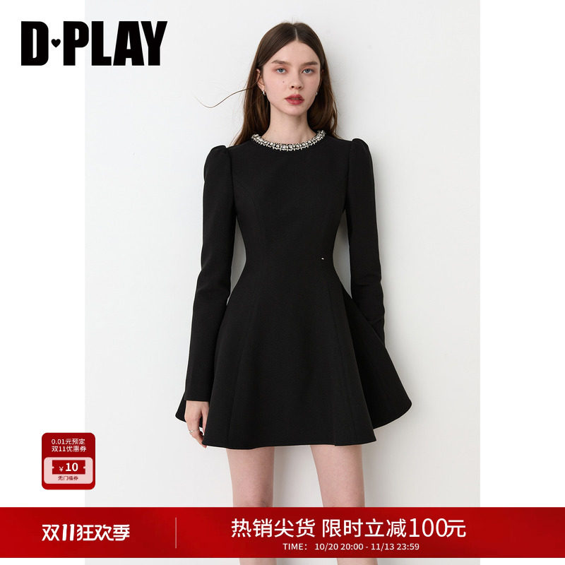 DPLAY黑色长袖短裙收腰小个子显瘦连衣裙千金风小黑裙2026冬季