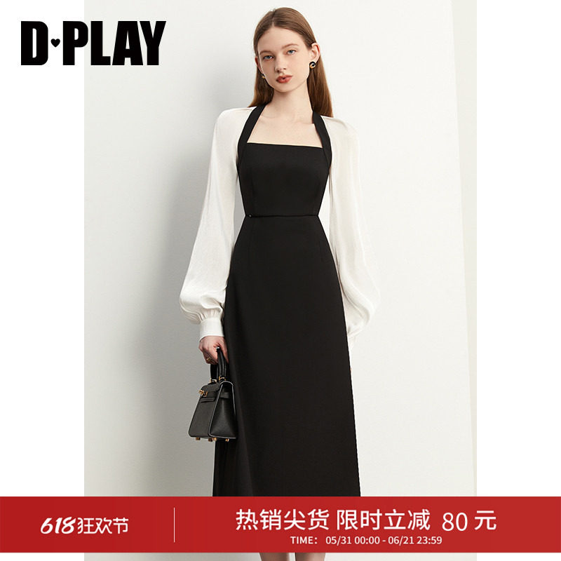 DPLAY春季黑白拼色长袖连衣裙女法式轻礼服裙显瘦长裙方领小黑裙