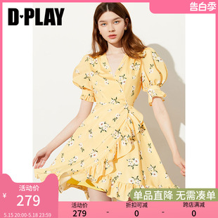 复古夏日黄雏菊印花款 Dplay夏季 法式 沙滩裙 新款 高腰节茶歇款