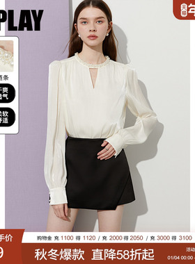 DPLAY白色衬衫女小衫春季新款法式好看气质圆领打底衫长袖上衣