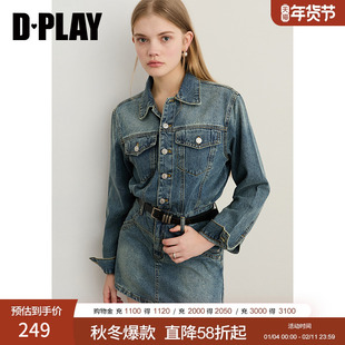 DPLAY2025年秋季新款蓝色连衣裙女短款正肩宽松牛仔裙子长袖短裙