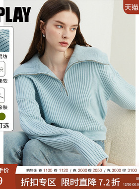 DPLAY2025秋季新款蓝色毛衣女翻领含羊毛慵懒宽松好看针织衫上衣