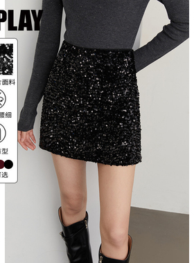 DPLAY【惠品】2025年秋季黑色半身裙女短气质亮片裙子短裙半裙