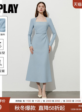 DPLAY2025年秋季新款蓝色连衣裙女法式气质礼服裙子长袖修身长裙