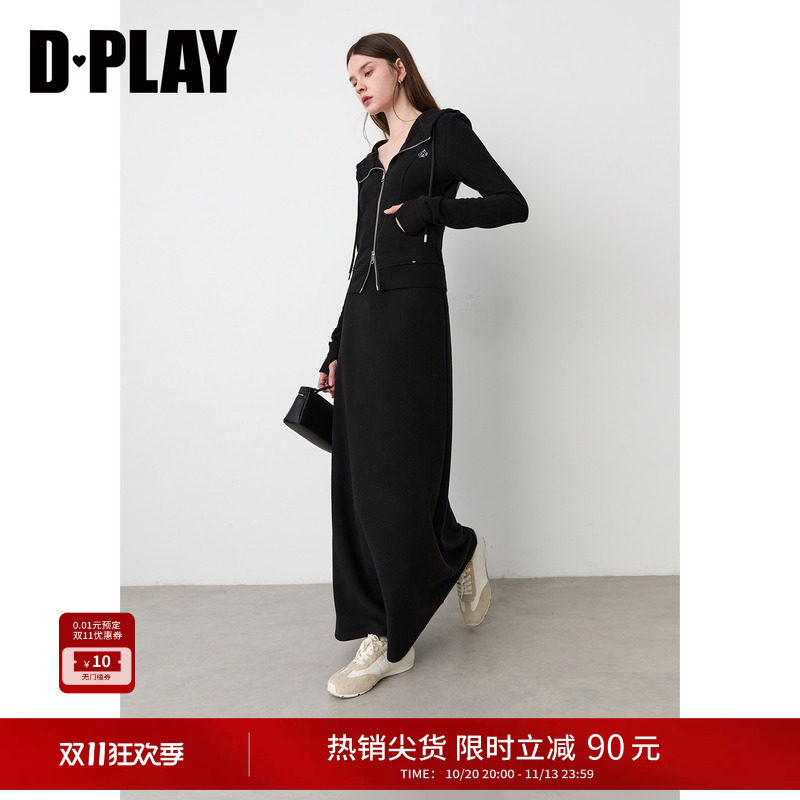 DPLAY黑色卫衣套装修身印花外套半身长裙两件套女2026秋季