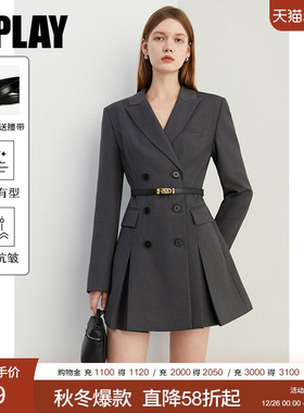 DPLAY2026春季新品气质灰色西装裙长袖时尚连衣裙女装外套西服