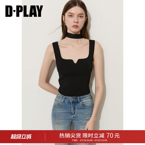 DPLAY黑色方领飘带针织背心2026年夏季新款法式修身女士上衣