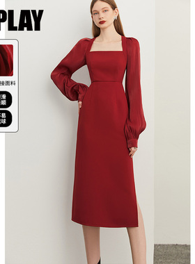 DPLAY秋装红色美背方领开衩连衣裙礼服裙敬酒服女订婚高级感长裙