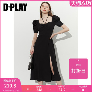 黑赫本宫廷风立体抽褶羊腿袖 高腰开衩连衣裙 DPLAY夏新经典