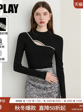 DPLAY2025年秋季新款黑色针织衫女含羊毛镂空设计修身打底衫上衣